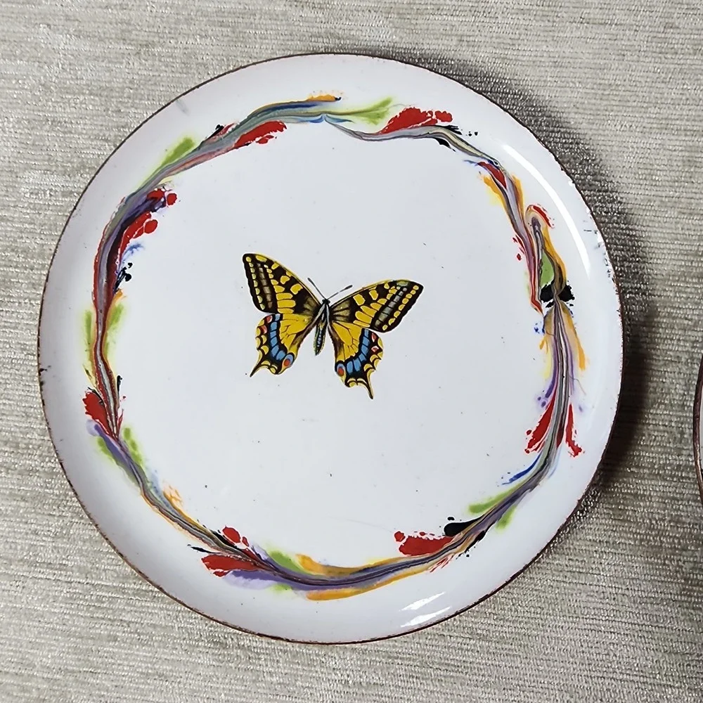 Vintage Brass and Enamel Butterfly Coaster Set Of 6 Cottagecore Boho Decor